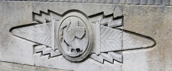 A decorative Liver Bird on the side of the Georges Dock Building, Liverpool
