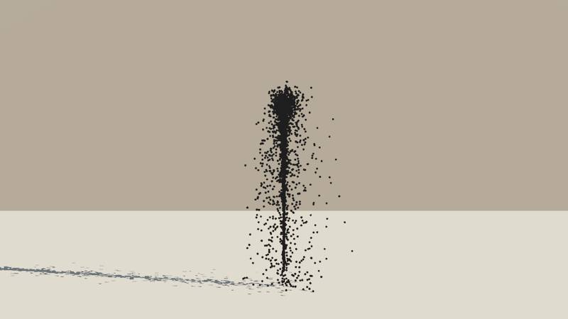 A Vue Particle System emitting a stream of black spheres with a turbulence setting of 0.6
