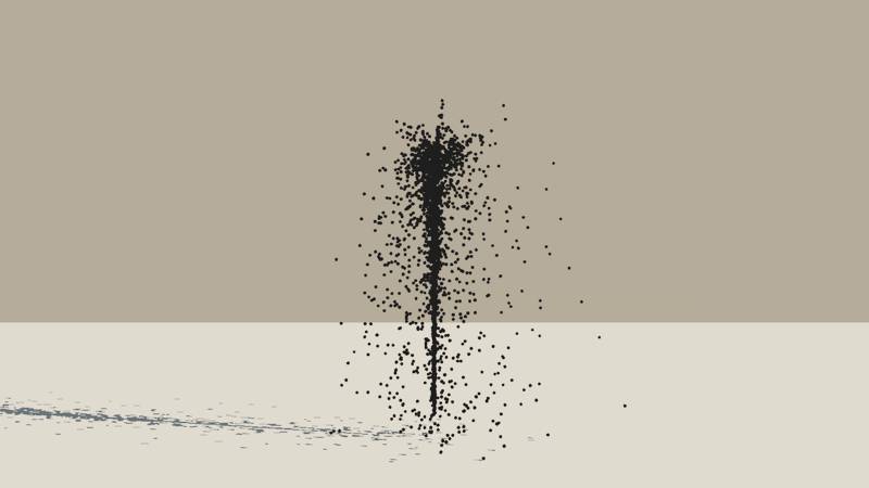 A Vue Particle System emitting a stream of black spheres with a turbulence setting of 1.0